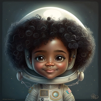 Happy Black Girl Astronant on the moon ,Cheer full , Curly hair, Black Girl clipart, Funny African American Girl , Humorous , funny , smiling in outter space in alien spacecraft , moon child png, Highly detailed close-up portrait , African american Astronaut Girl , Black Girl on the moon , , standing on the moon , Nicoletta Ceccoli, Mark Ryden, lostfish, Earl Nor, global lighting, divine rays, detailed and intricate surroundings, sf, intricate artwork masterpiece, ominous, matte painting movie p