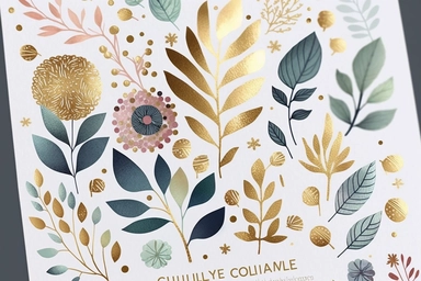 beautiful doodle foliage clipart elements, metallic spring hues with golden accents, handpainted, watercolor texture, shiny sparkly gold glitter, soft brush strokes, clipart on white background with free margins, sharp focus