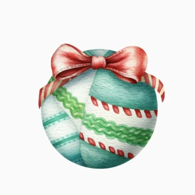 A Christmas ball and Bow, full color, knitted painting texture, Perfect for nursery art and children's book illustration style, simple, cute, full color, clipart, watercolor illustration, single object, high definition 8k, white background for removing background