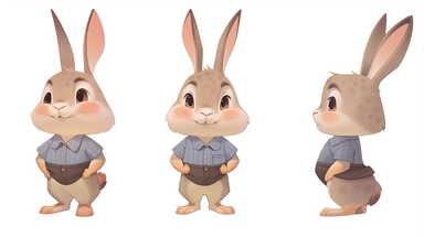 clipart,A cute little rabbit wearing a bright shirt and shorts+three Kans, with three perspectives on the front, side, and back, in different poses. The little rabbit has a small and cute body, with furry white fur and a pair of long ears. Its bright black eyes exude a clever and curious expression. A mischievous expression, he often wears bright shirts and shorts, full of vitality.clipart style, full body with both feet, painting, illustration, style, beautiful cartoon style, three images