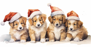 Cute golden collie puppies in a line, dressed in cute christmas outfits, playful, vivid colors, white background, ornamental watercolor clipart, I can't believe how beautiful this is