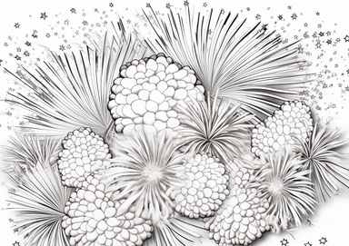 b&w lineart, white background, picture, coloring book style, only draw outlines, clean coloring book page, No dither, no gradient, strong outline, No fill, No solid, tshirt design graphic, Fourth of July, fireworks clipart