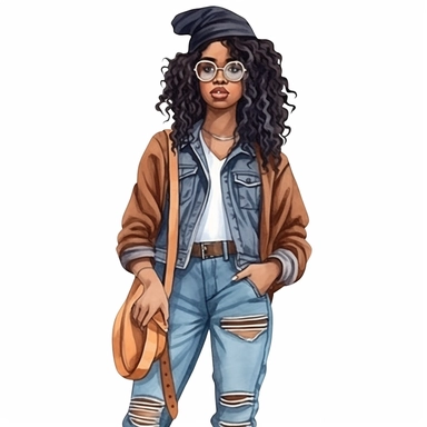 Black girl with old school fashion clothes, watercolor style, clipart solid white background