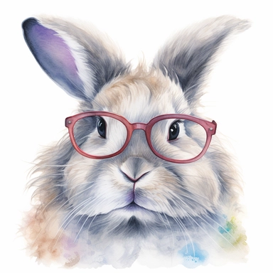 a watercolor painting of a fluffy rabbit wearing glasses, a detailed painting by Anne Said, shutterstock contest winner, furry art clipart, detailed painting, art, academic art, white background