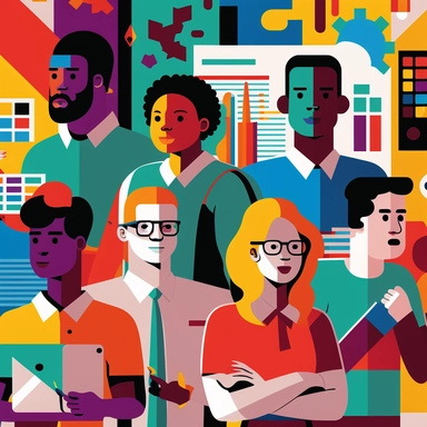 A team of managers and hardworking individuals, all in their mid-20s to early 30s, working together on a project, captured in a fun and lively clipart style by Microsoft. The team members are dressed in casual attire, with expressive faces and animated gestures. The color palette is bright and energetic, with a bold use of primary colors. The background is a creative workspace, with a whiteboard, laptops, and coffee cups, showcasing the team's collaborative and dynamic approach. Each team member