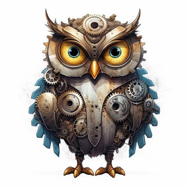 friendly owl with big cute eyes, standing up, in the style of steampunk, clipart, white background, lots of cogs