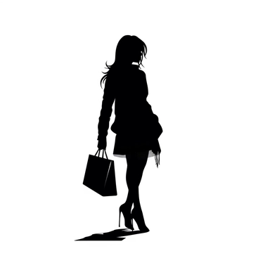 clipart girl silhouette in black with a bag in hand white background