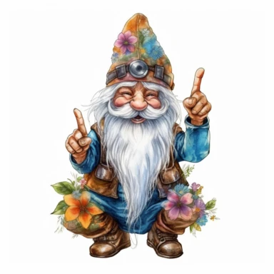 watercolor Hippie Gnome With Peace Sign Gnomes, PNG Clipart, Illustration clipart, 4K, extremely detailed Sublimation Clipart,Cartoon,hyper realistic, intricate detail, illustration style,high solution,on the white background