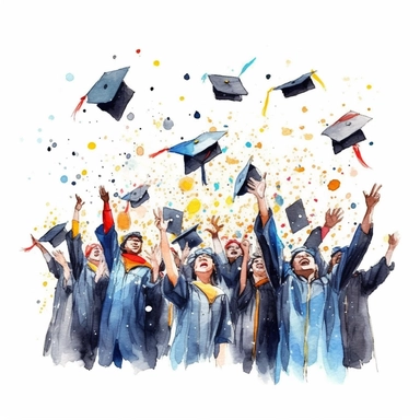 watercolor style, Graduation hat toss: Clipart showing a group of graduates throwing their caps in the air, celebrating the completion of their studies. clearly visible faces of participants. clipart, isolated on white background, 4K