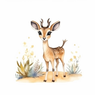a cute gazelle with kind eyes clipart with watercolor illustration,full body shot,8k,etsy style, white background