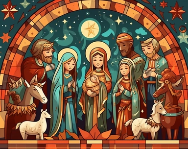 clipart of children of christmas rejoicing in nativity, in the style of colorful, eye-catching compositions, mannerism, pensive poses, high resolution, calculated, use of precious materials, noble figures