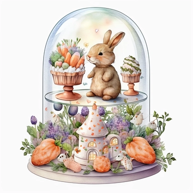 a cute bunny eating a carrot in a glass dome, patterned Easter eggs on a stand, candles and easter muffins, watercolor effect, realistic figures , kids story style, soft colored view , fantastic scene, small colored flowers and lavender , no background , suitable for digital clipart