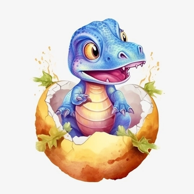 t-rex baby cute dinosaur hatching from egg, realistic, kids cartoon sublimation watercolor clipart design