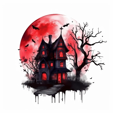 watercolor style, spooky halloween haunted house full moon behind clipart, haunted house decorated in creepy Halloween style decor, whimsical Halloween witch house, isolated on white background, 4K, dark, night scene, red and black color scheme