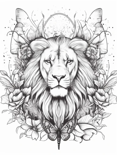 Coloring book, white background, clip art, line work. Abstract Lion, full body pose laying down in filed, happy and with a butterfly.