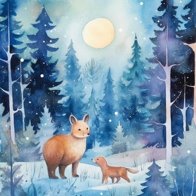 cosy Christmas Eve, snowy forest, forest animals celebrating Christmas, calm, bright stars, ornamental watercolor, clipart, I can't believe how beautiful this is