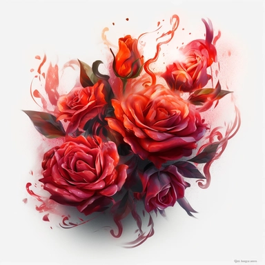 red flame dipped Roses corsage with magical effects and burning effects, clipart, hyper-realistic painting, airbrush art, richly layered, solid white background, minimalist background, in the style of ethereal illustrations, mende art, kimoicore, romantic emotivity, nouveau réalisme, rich and immersive, soft color, wedding theme