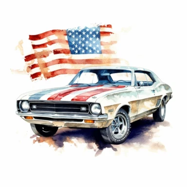 realistic, high resolution, ultra details, american muscle car with uda flag behind it, watercolor clipart, completely white background