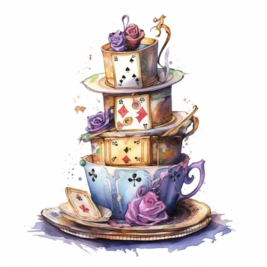 Wonderland: A cake decorated with watercolor teacups, clocks, and playing cards, watercolor steampunk style, Detailed, white background, clipart watercolour illustration