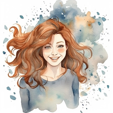 watercolour clipart of a woman, with crazy brown hair, blue-gray eyes, the sweet and scatterbrained dreamer, with a great sense of humor. She immerses herself in the world of digital design, creating exquisite papers for scrapbook albums. Though she may often forget things, her delicate touch and gentle nature shine through her artistry, make her smiling, exalted mood, white background, 8k, f1