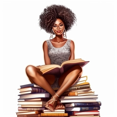Clipart illustration of afro cosmepolitian woman sitting on top of books, realistic in the style of nene thomas