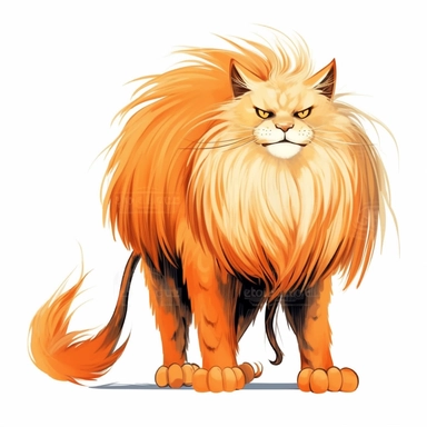 Clip Art of FRIGHTENING HALLOWEEN THEME Big Maine CAT Breed with with Extra long thick Fantasy hair a beautiful thick fluffy tail and elongated ears that are tufted, FANGS, CLAWS, 2D, VECTOR on white background