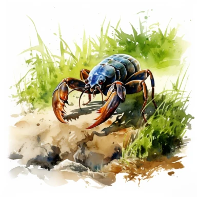 Edward Hopper style, cute scorpion walking on the grass, dirt in the garden, sophisticated vibes, watercolor, white background for clip art, high quality, fine lines