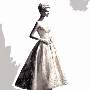 1960s woman standing in beautiful dress, christian dior high fashion, clip art, black and white, illustration, watercolor,, detailed painting, very high quality, hd, spaced out ar 3:2