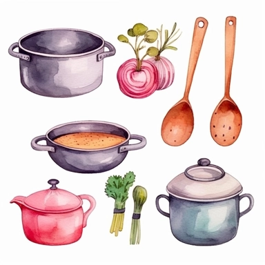 Cooking items art watercolor clipart, minimalist, soft pastel colors 8k, isolated transparent background, 4 times spaced out