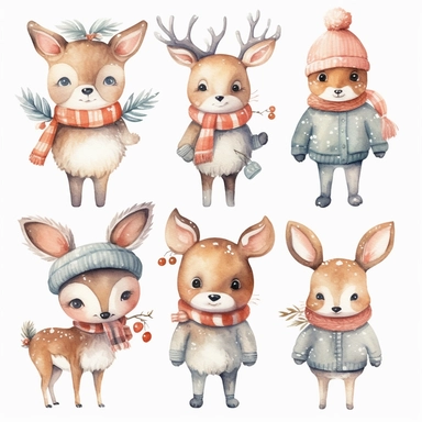 Watercolor collection clipart winter elements snowflakes, kawaii reindeer, ice skating, scarf, neutral colors, no background, super realistic, hyper detailed,