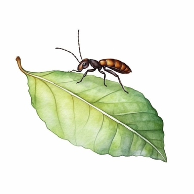 cute ant with a leaf, side-view, clipart, watercolor, white background