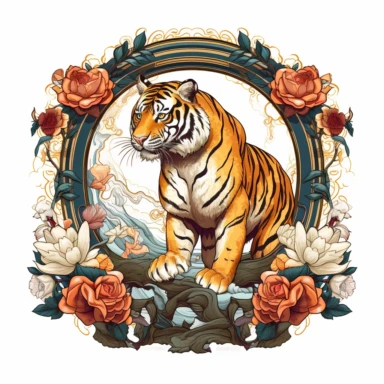 A retro illustration of prowling tiger composition with art nouveau borders, professional clipart, beautiful fall color palette, inspired by sailor jerry tattoos, epic composition on white background, 8k,