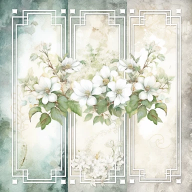scrapbook paper template, intricate three small bouquets of white floral watercolor clipart on the borders on paper, luxurious textures, nature-inspired pieces, very high resolution
