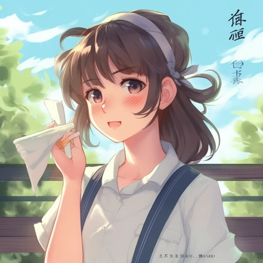 Makoto Shinkai A female student wearing a white short-sleeved school uniform with a fluffy bun hairstyle and a diagonal fringe held back by a white clip, exuding a trendy style under the sunshine