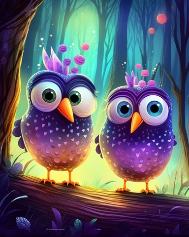Clipart. A couple birds in the forest. children book illustrations, background white, Cartoon–cute or childlike, Whimsical illustrations, charming, childlike, carefree, dreamy, fun and colorful, 3D rendering, 8k, cinematic lighting effect, cute, watercolor, cute and quirky, fantasy art, bokeh, hand-drawn, digital painting, soft lighting, bird's-eye view, vibrant vector , seed1