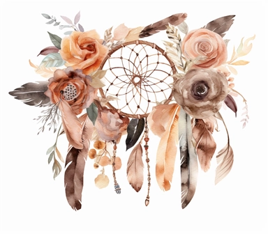 Wedding signage clipart with a rustic and bohemian vibe, featuring a hand-drawn dreamcatcher adorned with feathers and flowers, surrounded by whimsical watercolor washes in earthy tones, free-spirited and romantic feel, Artwork, using Procreate, detailed illustration, clean white background, single element