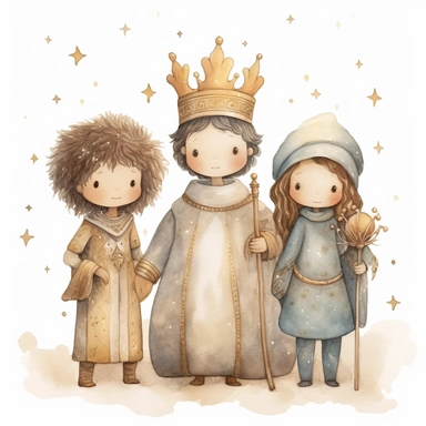 A watercolor painting of a cute nativity with 3 wise men holding gold, frankincense and myrrh, Christmas, cute detailed digital art, inspired by nicoletta ceccoli, by Kubisi art, whimsical and cute, by nicoletta ceccoli, cute detailed artwork, glimmering, adorable and whimsical, whimsical art, Clipart style, png style, svg style, blank white background, a solid white background