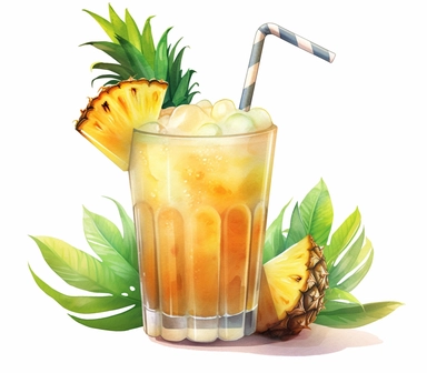 Watercolor clipart of summer drink, Piña Colada: A tropical cocktail made with rum, pineapple juice, and coconut cream. Served chilled with ice, it evokes a sense of relaxation and summer vibes, intricate details, vector, hyperrealistic, white background, no splashes, no text, no watermark