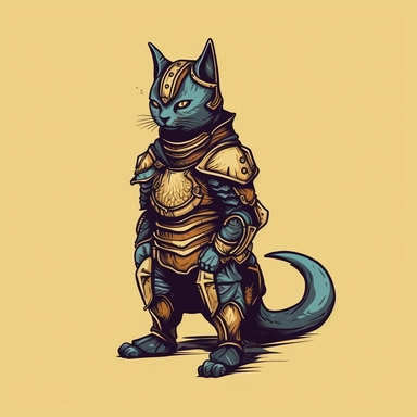 a cat standing up on back feet, wearing an armour, profile view, clipart, vector, logo design