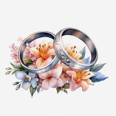 Design clipart of decorative wedding rings, showcasing their classic and elegant design ,Classic Weeding ,Weeding on the beach, Watercolor, Detailed, sweet, majestic, high resolition, transparent background, no captions