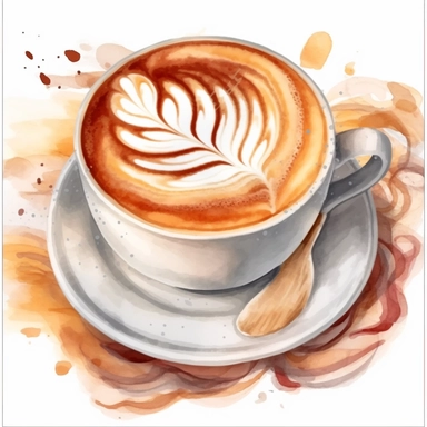 mug of coffee with latte foam art, clip art, watercolor, isolated white background, 8k