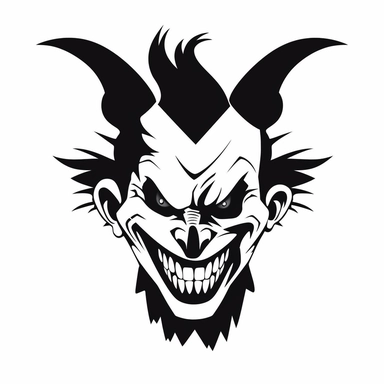 black and white silhouette of a terrifying cartoon halloween clown with sharp teeth, clipart style, white background, thick lines, vector, simple design, flat colour, solid colour, halloweencore