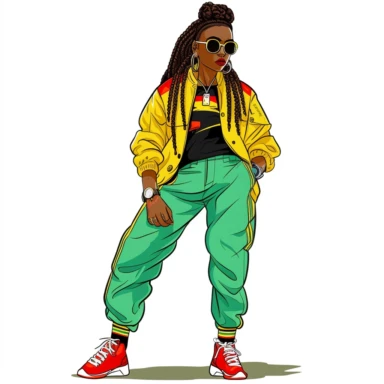 cartoon illustration of a cute black woman, long locs, wearing nike air jordan shoes, wearing a green, yellow and red fly 90s outfit, large hoop earrings, sunglasses, clipart, white background