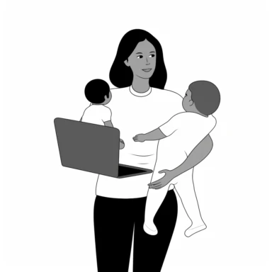 A minimalist black and white clipart showcasing a dedicated mother balancing the roles of caregiver and professional. Depict her holding a child in one arm while focused on her laptop, all set against a clean white background.