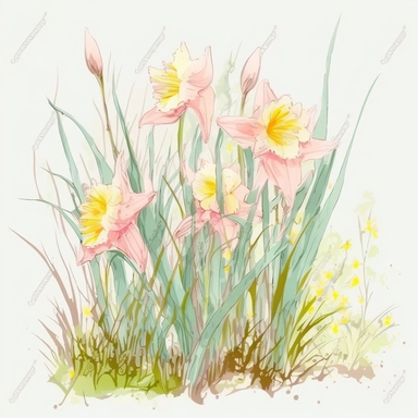 clipart. daffodils in the grass on easter. Pink Blush Soft Pastel Watercolour, cute happy calm Atmosphere. On the White Background, in the Center of the Image. no caption