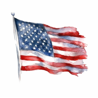 A watercolor clip-art showcasing a patriotic flag against a clean white background, with vibrant red, white, and blue colors. perfect for celebrating Independence Day.