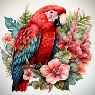 hyperrealistic ultra detailed watercolor clipart, red parrot with jungle flowers, white background, in the style of digital print, clipart, illustration, sticker, ultra high definition, rich details, 32K, HD