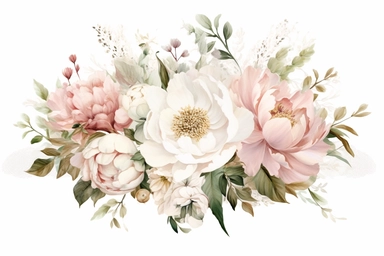 dusty pink and white flowers, peonies, austin roses, big blooms, with muted green whispy foliage with gold flicks, elegant and beautiful floral clipart for wedding invitations, delicate, watercolor, Claude Monet oil painting, defined edge on white background