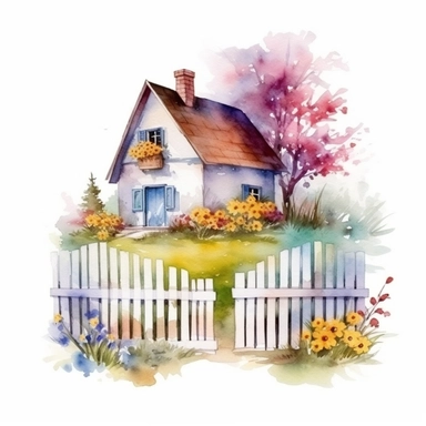 clipart, isolated on white background, beautiful cute Watercolor Spring Cottage - cute little house with fence and chimney, tree and flowers, ornated, vivid and saturated colors
