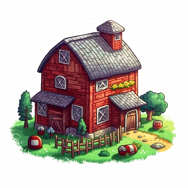 single clipart image png graphic of a Hyper Realistic Watercolor Vibrant Cute Pixel Art Farm Barn Illustration